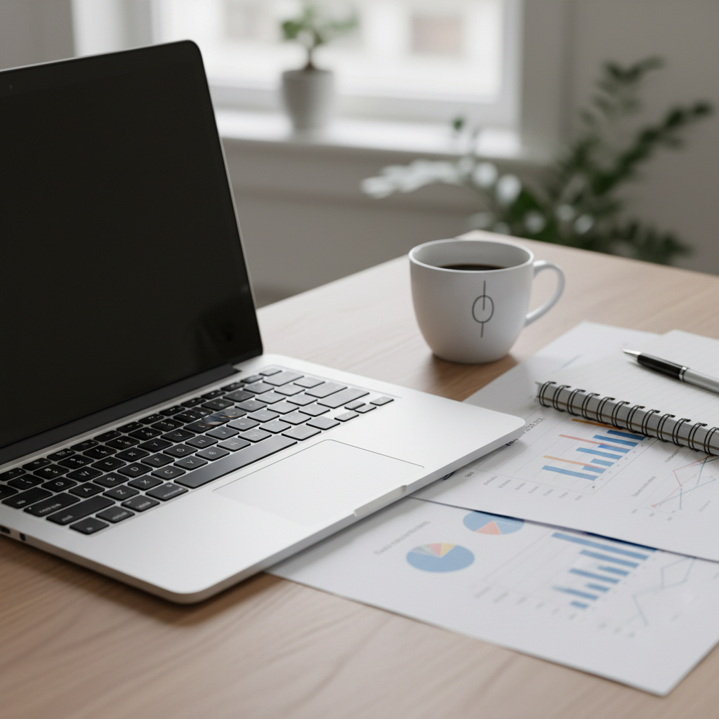 Research desk with computer, coffee, and financial charts